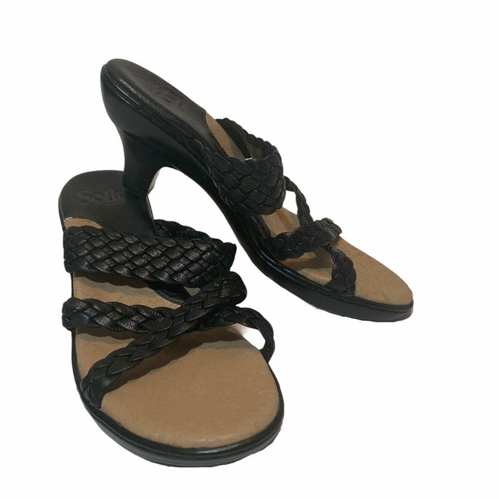 Sofft Black Leather Womens Woven Strappy Slippers‎
